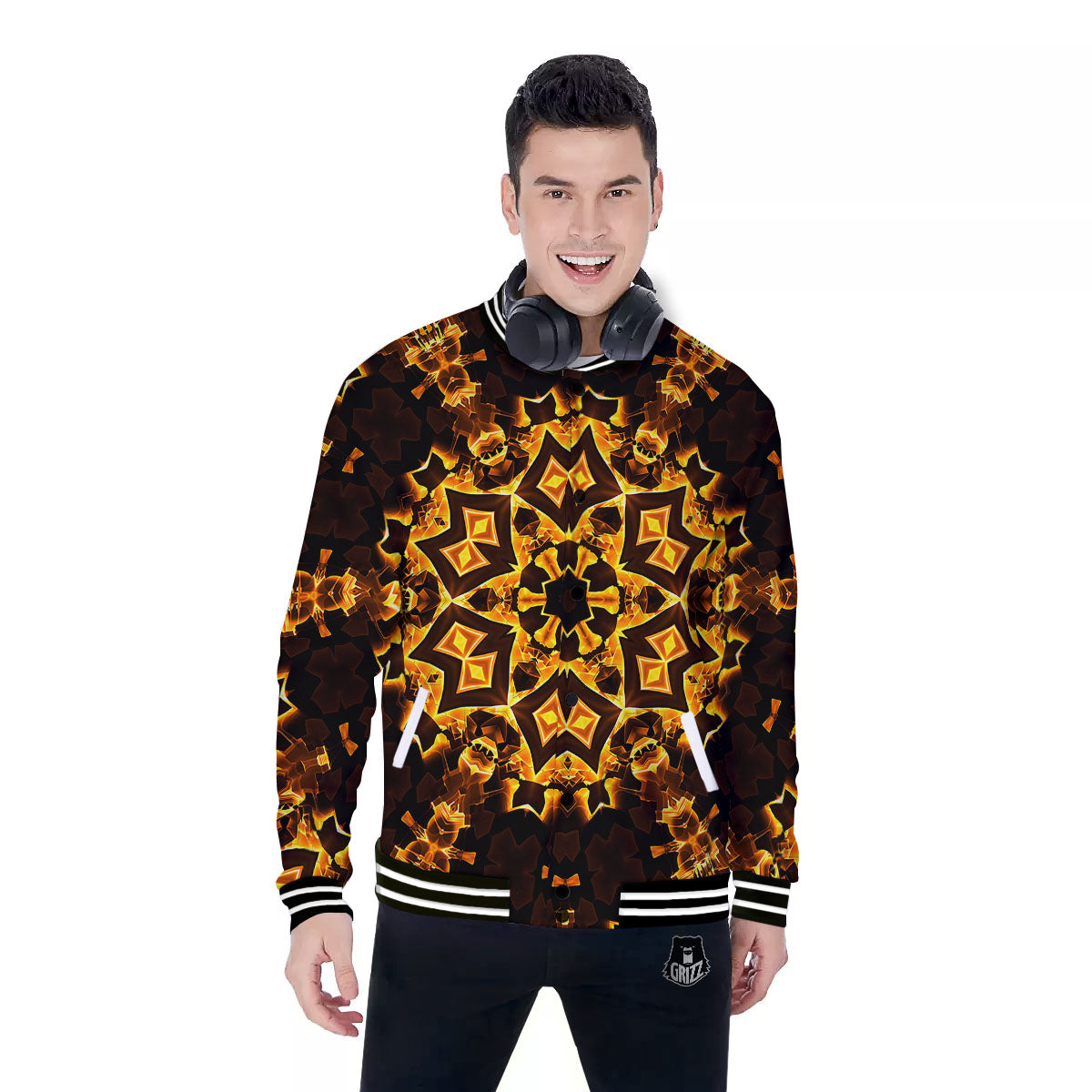 Kaleidoscope Lights Gold Print Baseball Jacket-grizzshop