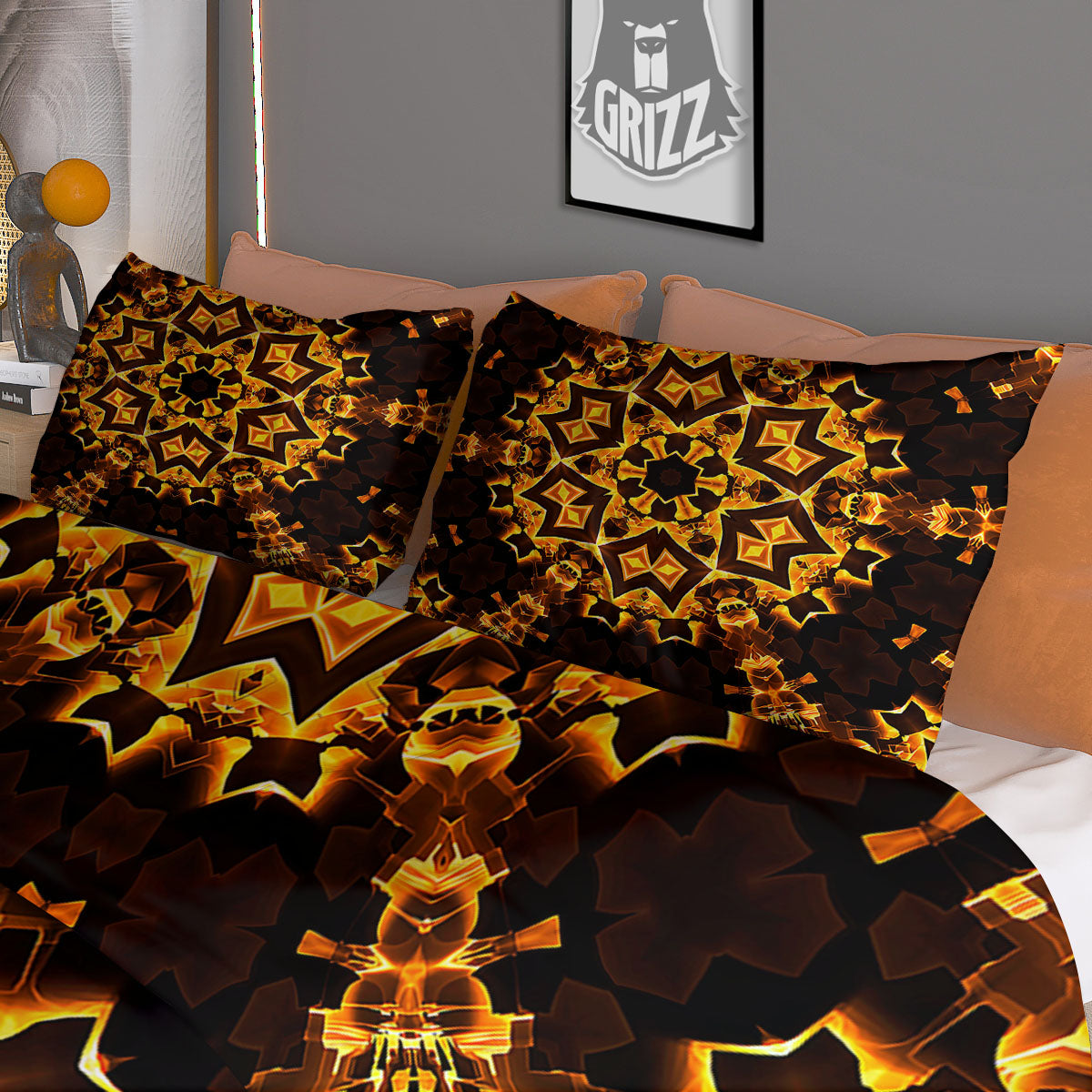 Kaleidoscope Lights Gold Print Duvet Cover Bedding Set