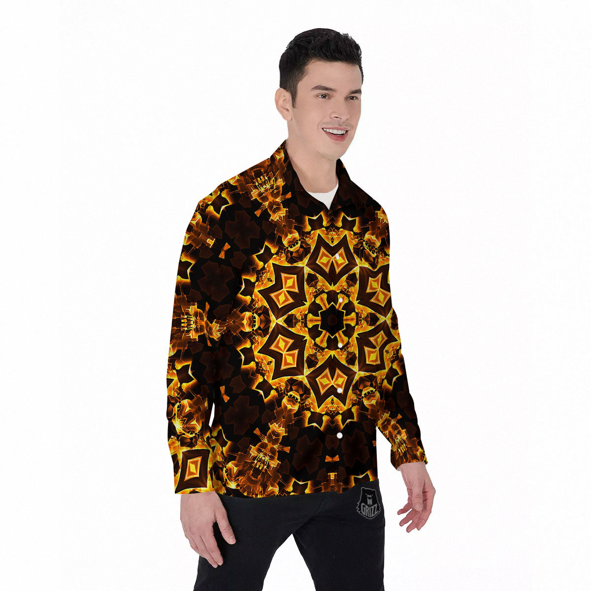 Kaleidoscope Lights Gold Print Men's Long Sleeve Shirts-grizzshop