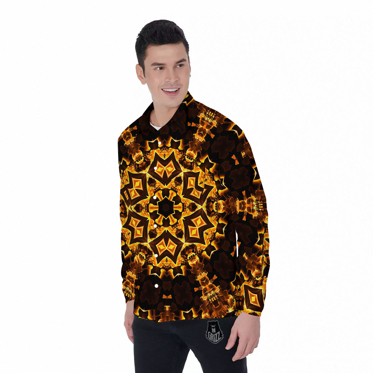 Kaleidoscope Lights Gold Print Men's Long Sleeve Shirts-grizzshop