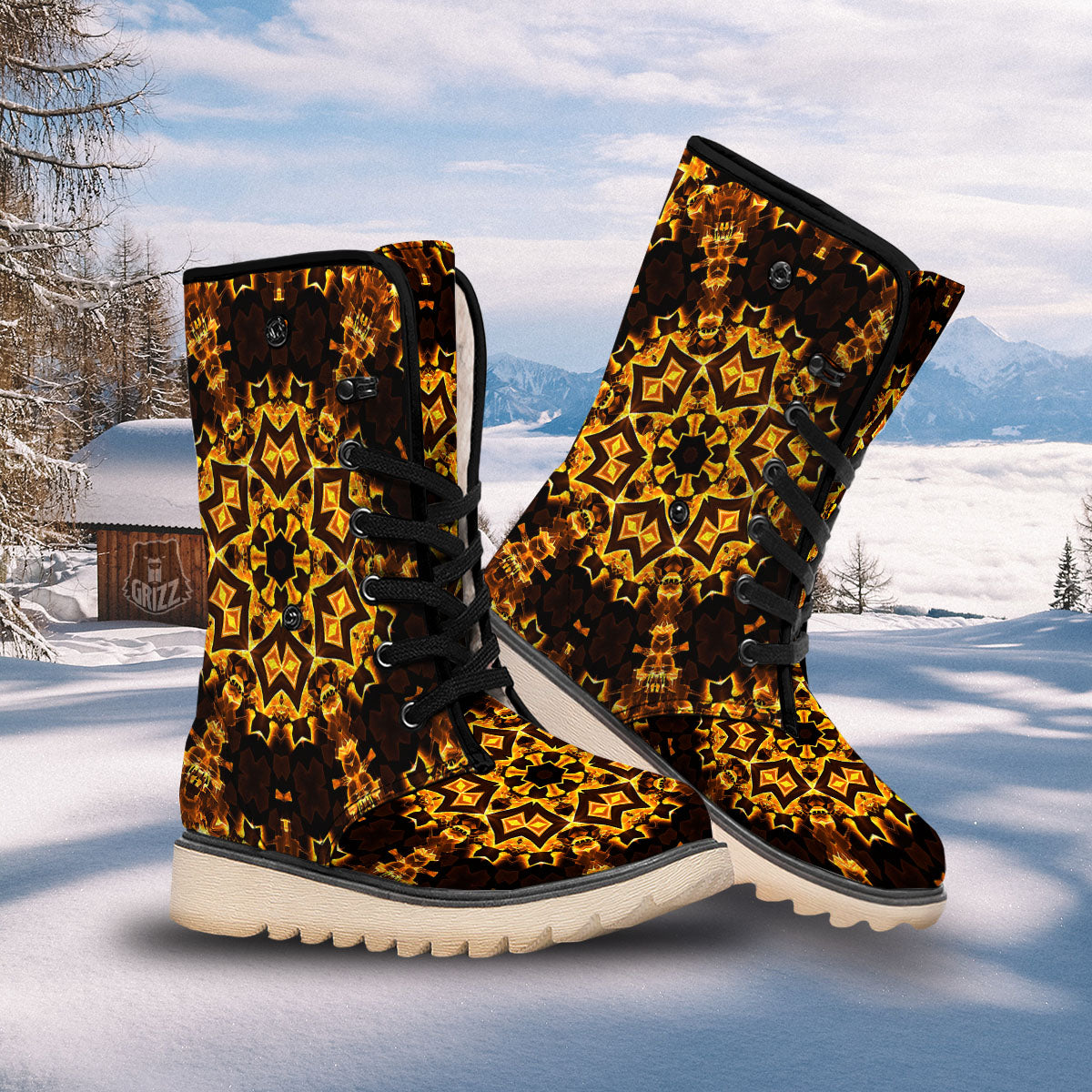 Kaleidoscope Lights Gold Print Snow Boots-grizzshop