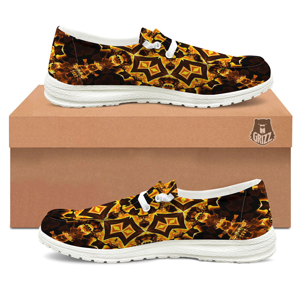 Kaleidoscope Lights Gold Print White Loafers-grizzshop