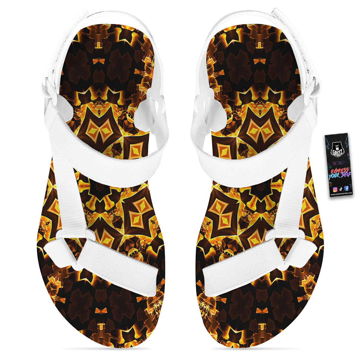 Kaleidoscope Lights Gold Print White Open Toe Sandals-grizzshop