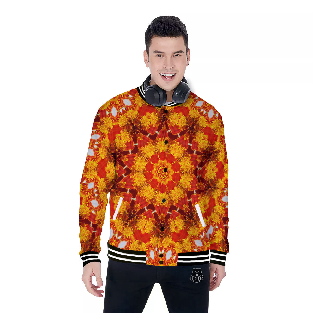 Kaleidoscope Orange Print Baseball Jacket-grizzshop