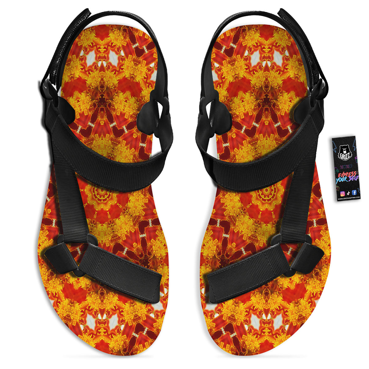 Kaleidoscope Orange Print Black Open Toe Sandals-grizzshop