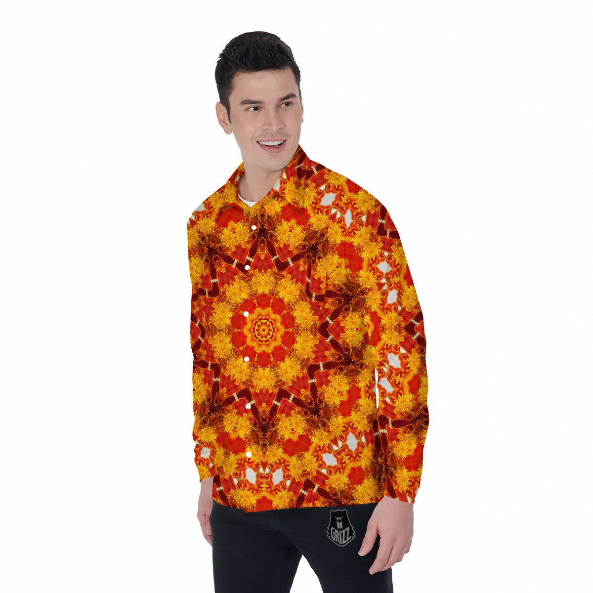 Kaleidoscope Orange Print Men's Long Sleeve Shirts-grizzshop