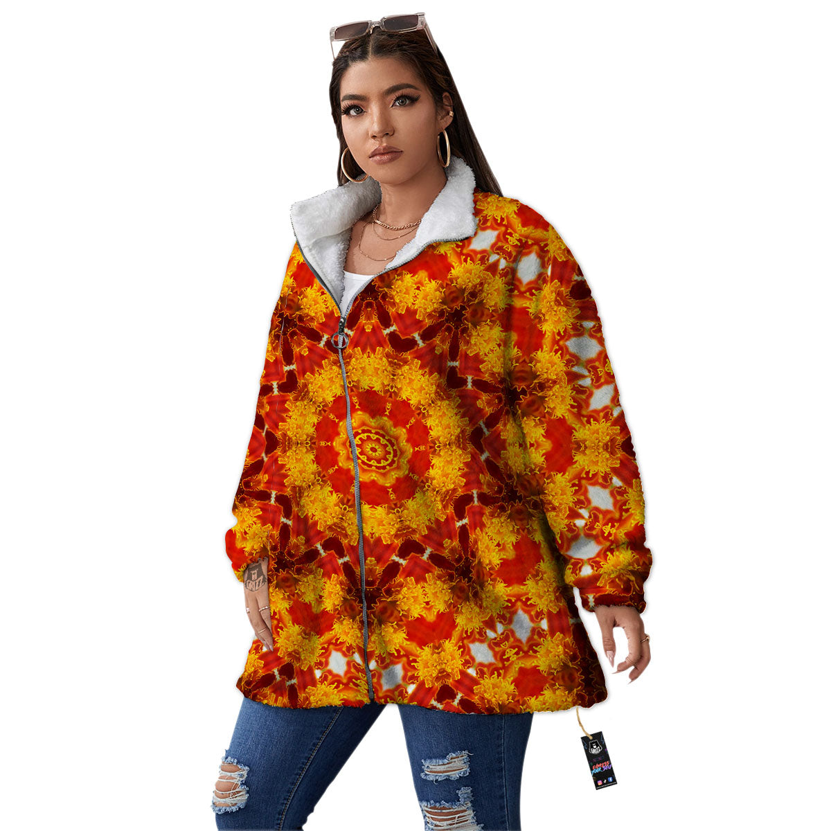 Kaleidoscope Orange Print Women's Sherpa Jacket-grizzshop