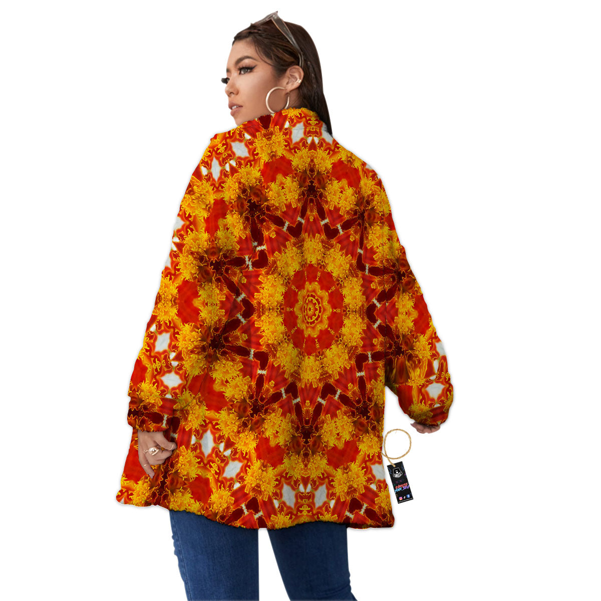 Kaleidoscope Orange Print Women's Sherpa Jacket-grizzshop