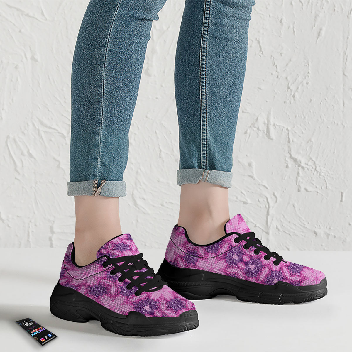 Kaleidoscope Pink Print Pattern Black Chunky Shoes-grizzshop