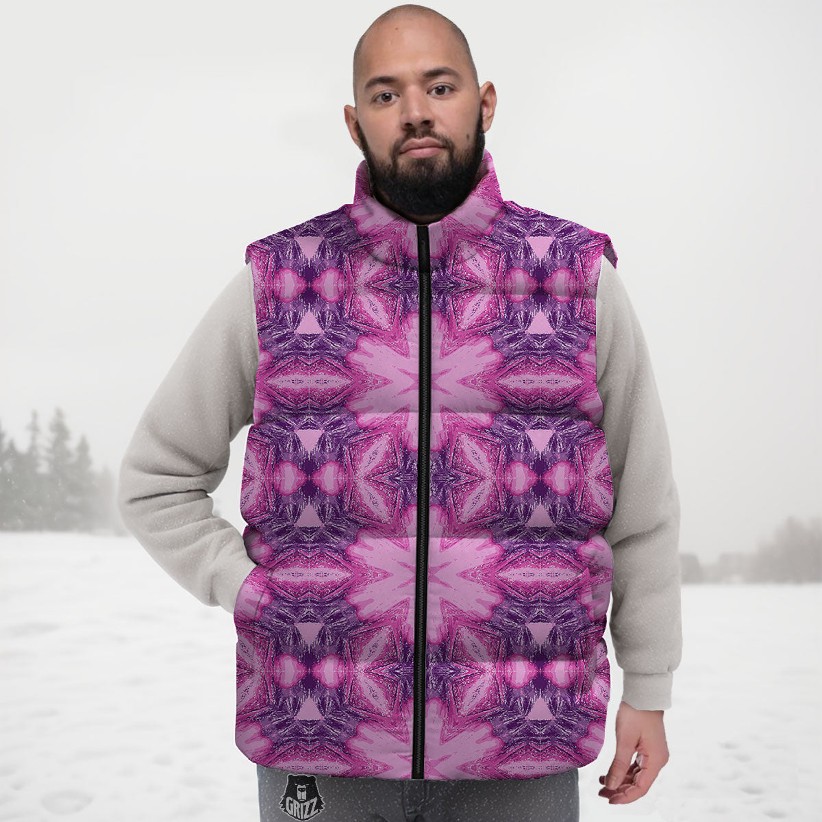 Kaleidoscope Pink Print Pattern Down Vest-grizzshop