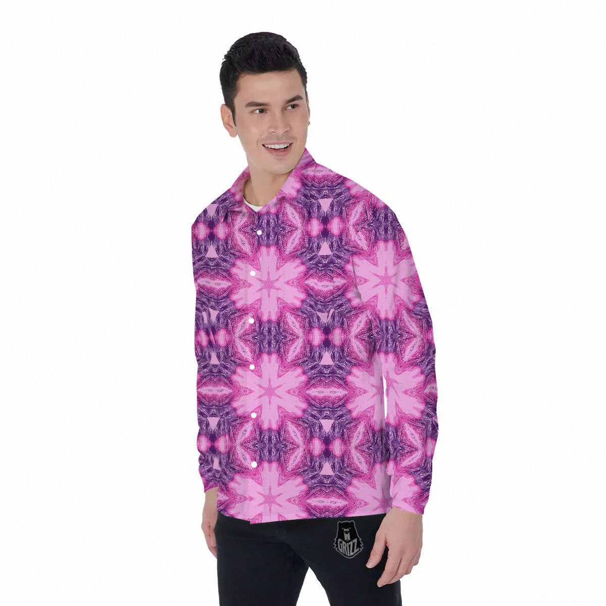 Kaleidoscope Pink Print Pattern Men's Long Sleeve Shirts-grizzshop