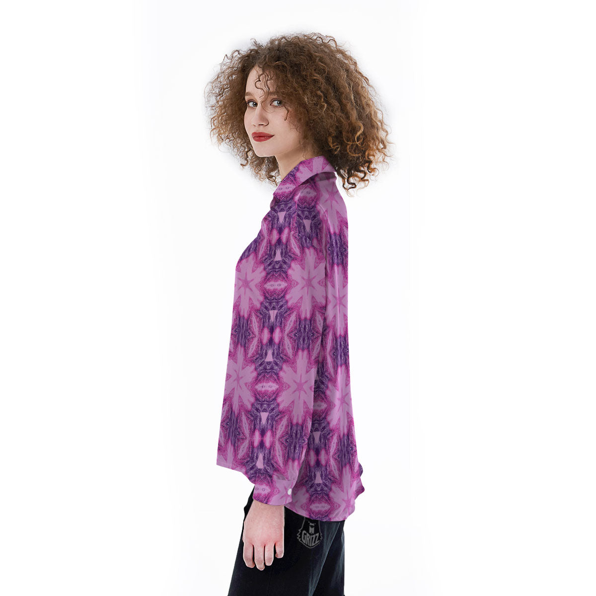 Kaleidoscope Pink Print Pattern Women's Long Sleeve Shirts-grizzshop