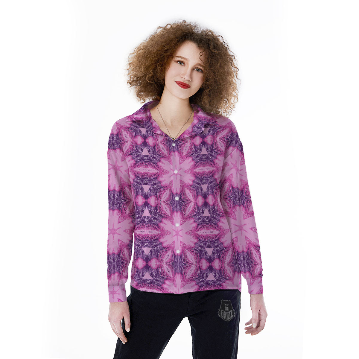 Kaleidoscope Pink Print Pattern Women's Long Sleeve Shirts-grizzshop