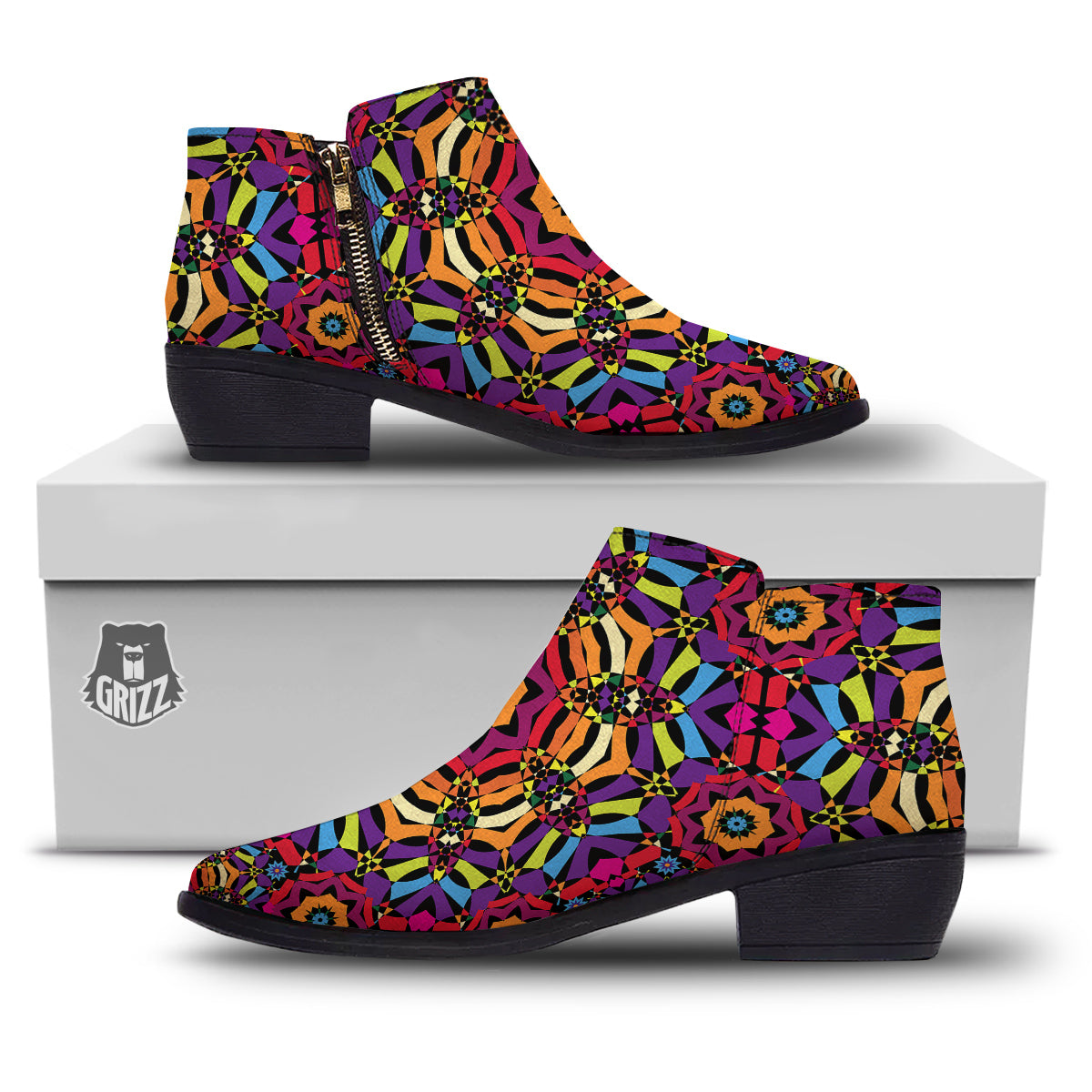 Kaleidoscope Psychedelic Colorful Print Ankle Boots-grizzshop