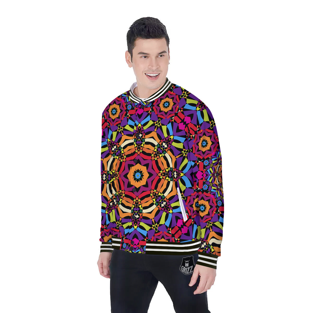 Kaleidoscope Psychedelic Colorful Print Baseball Jacket-grizzshop