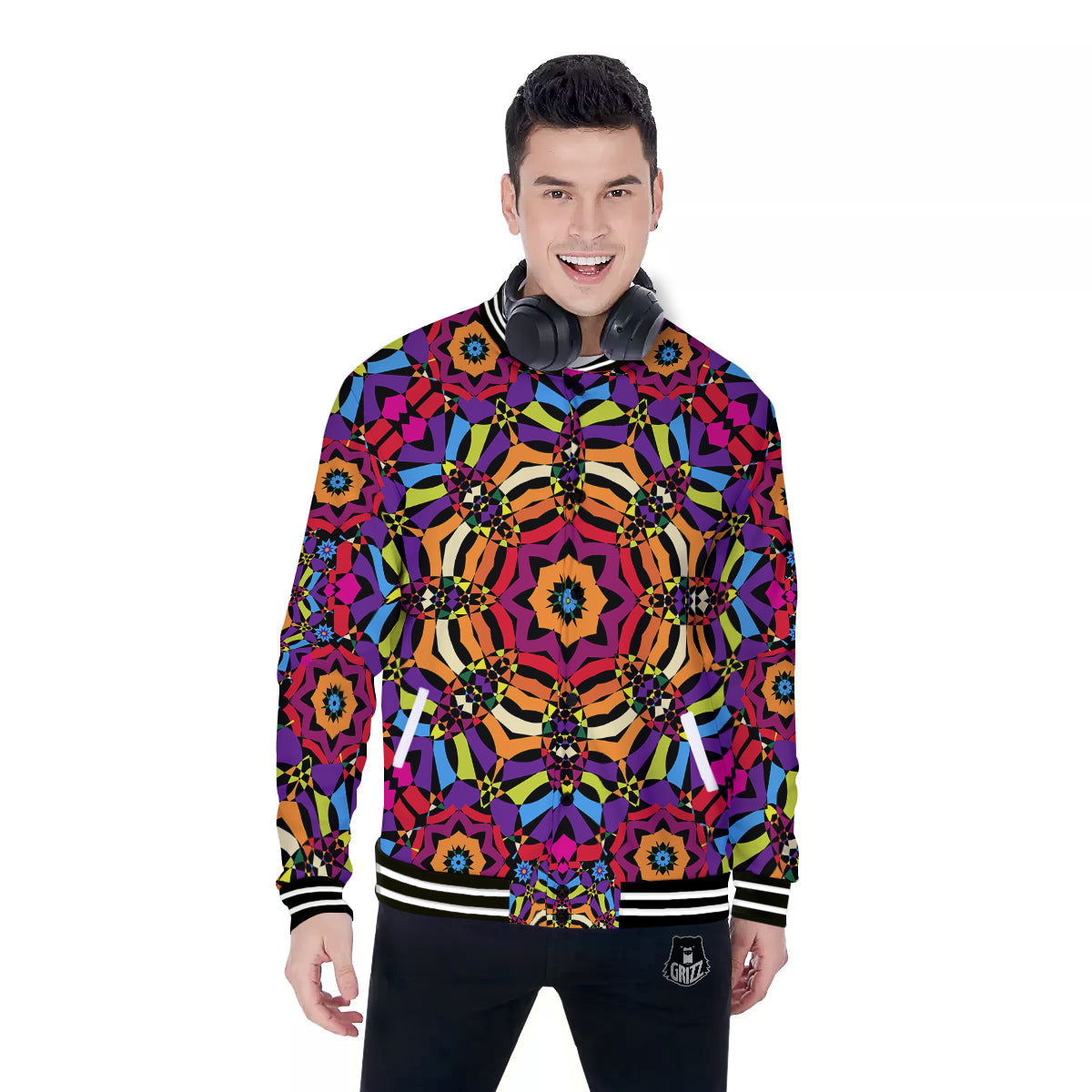 Kaleidoscope Psychedelic Colorful Print Baseball Jacket-grizzshop