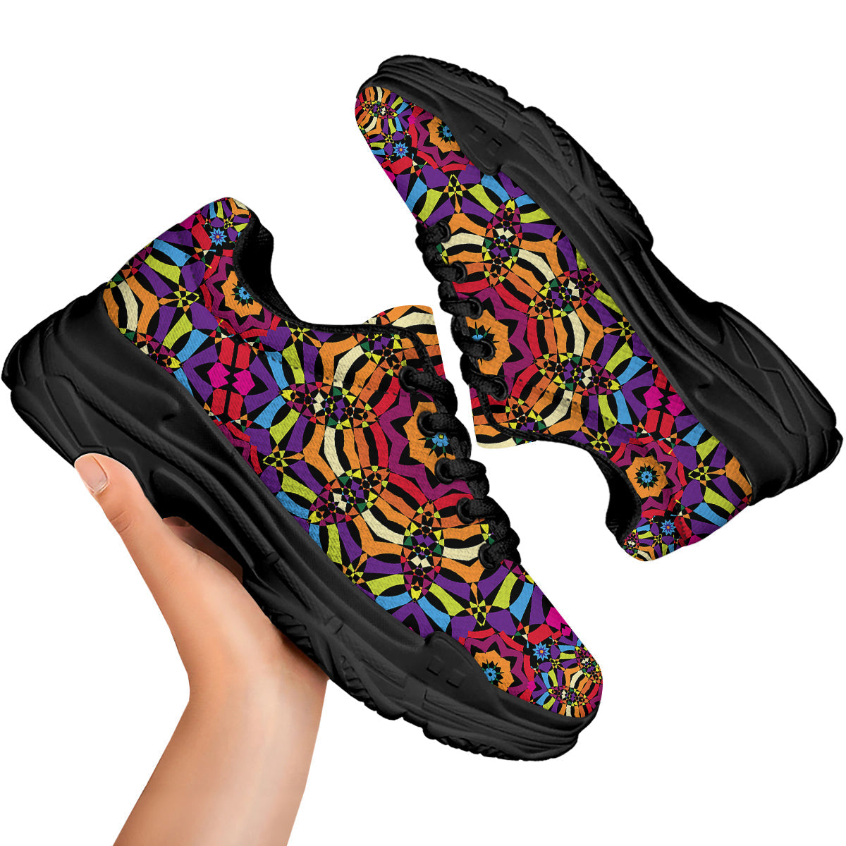 Kaleidoscope Psychedelic Colorful Print Black Chunky Shoes-grizzshop