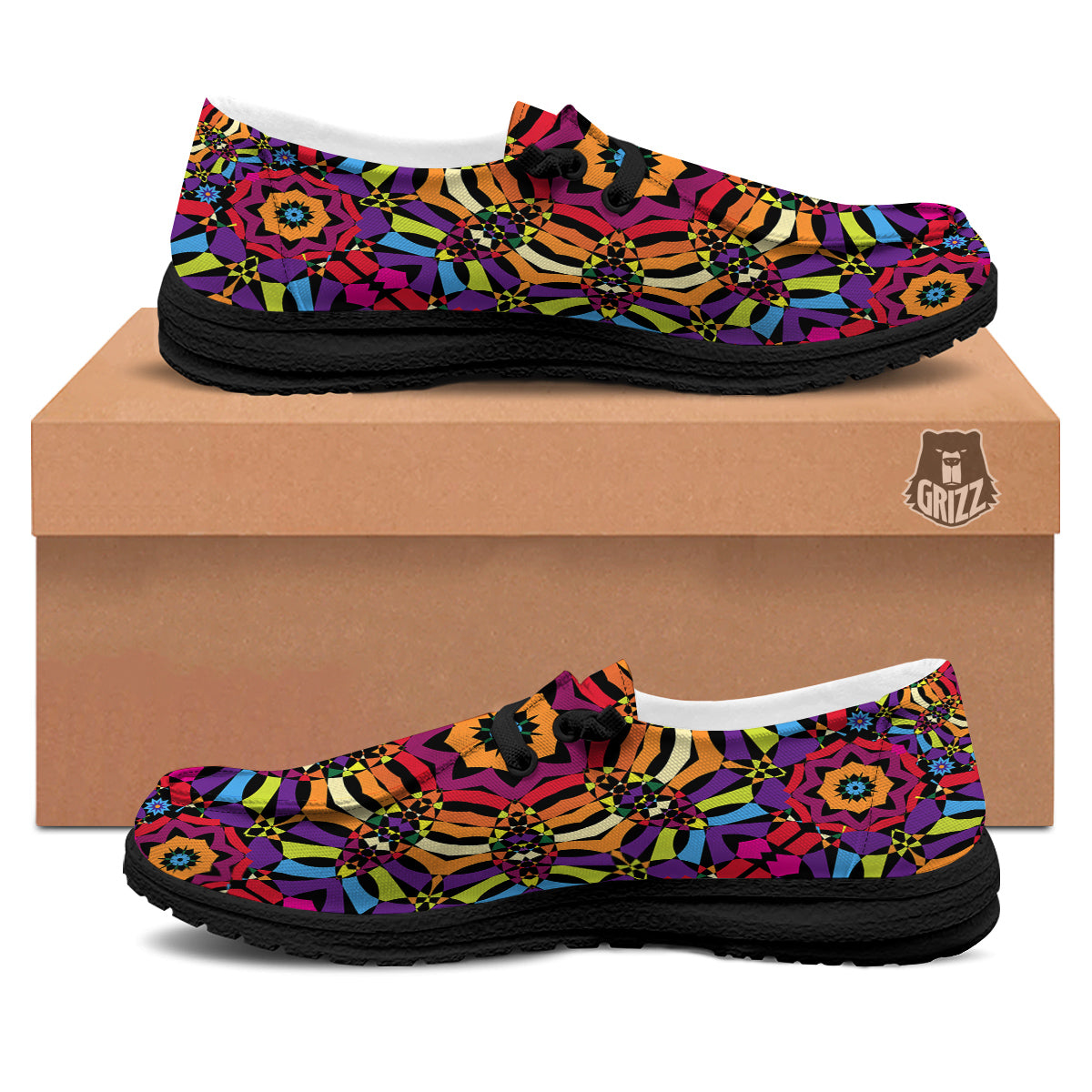 Kaleidoscope Psychedelic Colorful Print Black Loafers-grizzshop