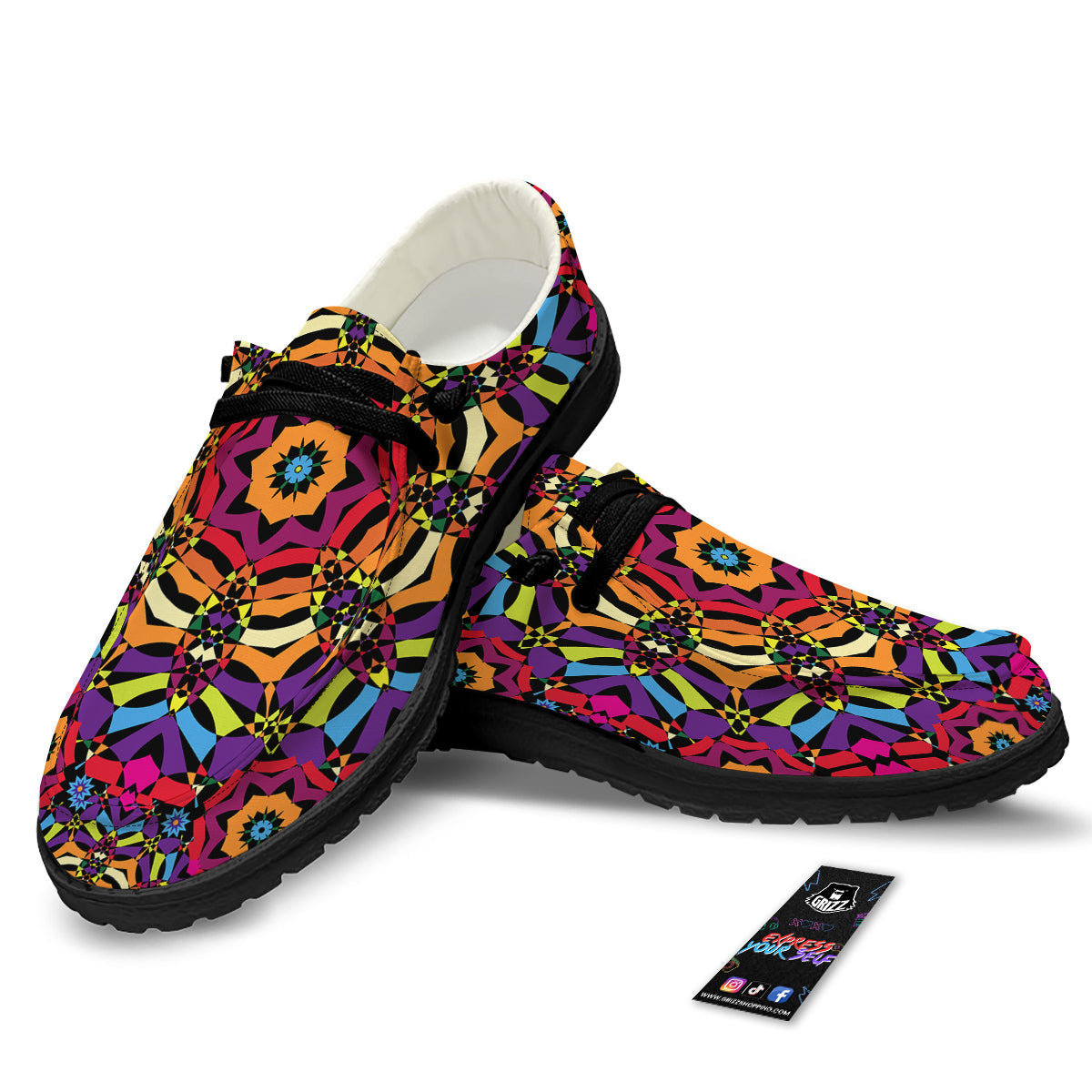 Kaleidoscope Psychedelic Colorful Print Black Loafers-grizzshop