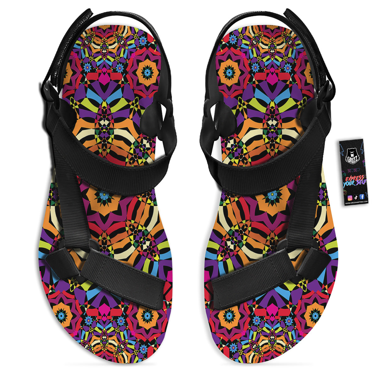 Kaleidoscope Psychedelic Colorful Print Black Open Toe Sandals-grizzshop