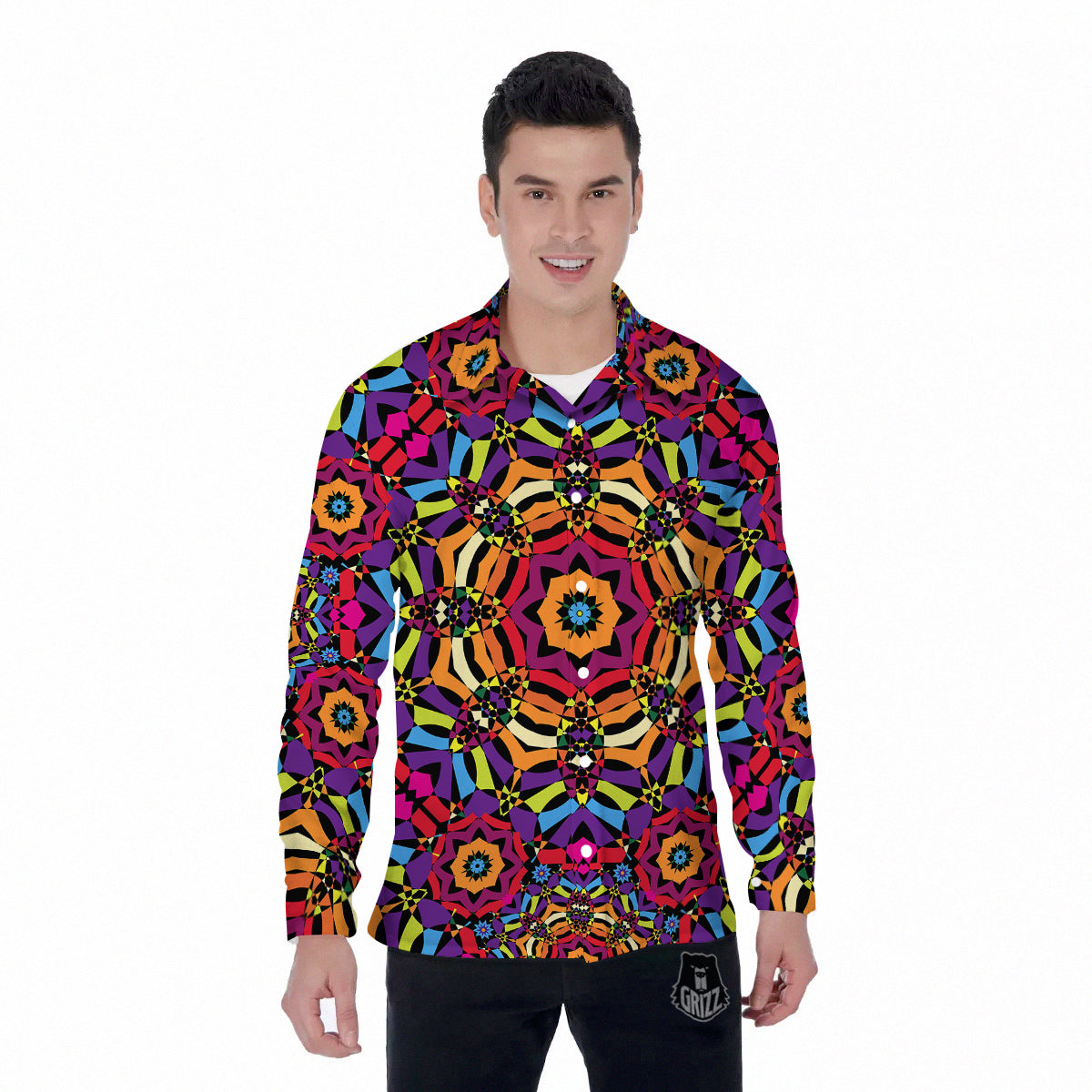 Kaleidoscope Psychedelic Colorful Print Men's Long Sleeve Shirts-grizzshop
