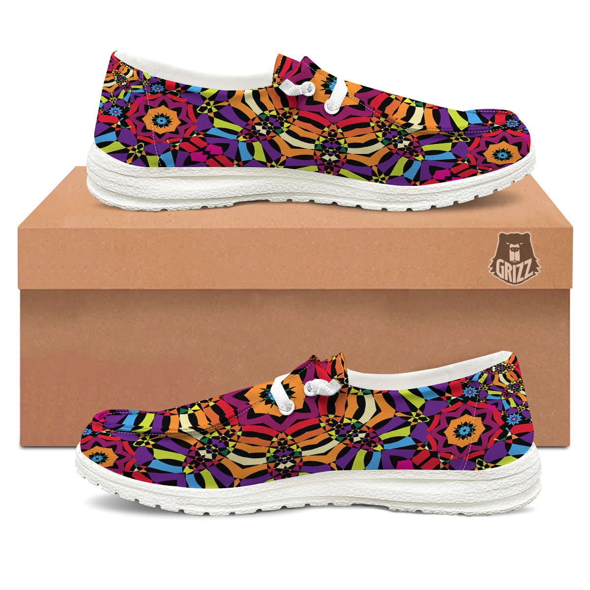 Kaleidoscope Psychedelic Colorful Print White Loafers-grizzshop