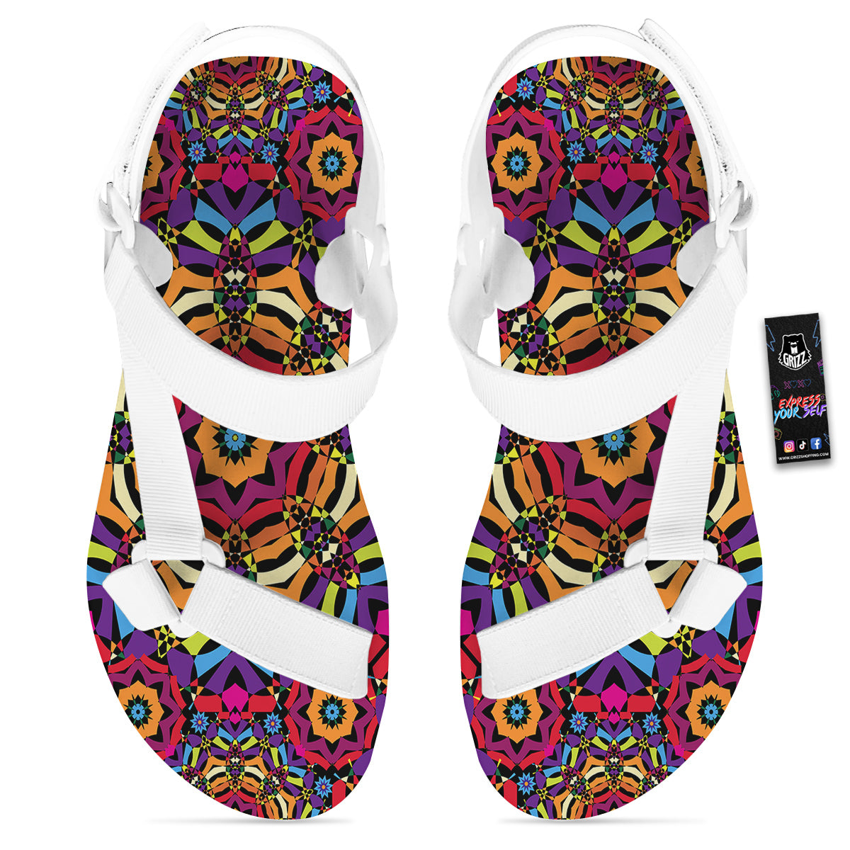 Kaleidoscope Psychedelic Colorful Print White Open Toe Sandals-grizzshop