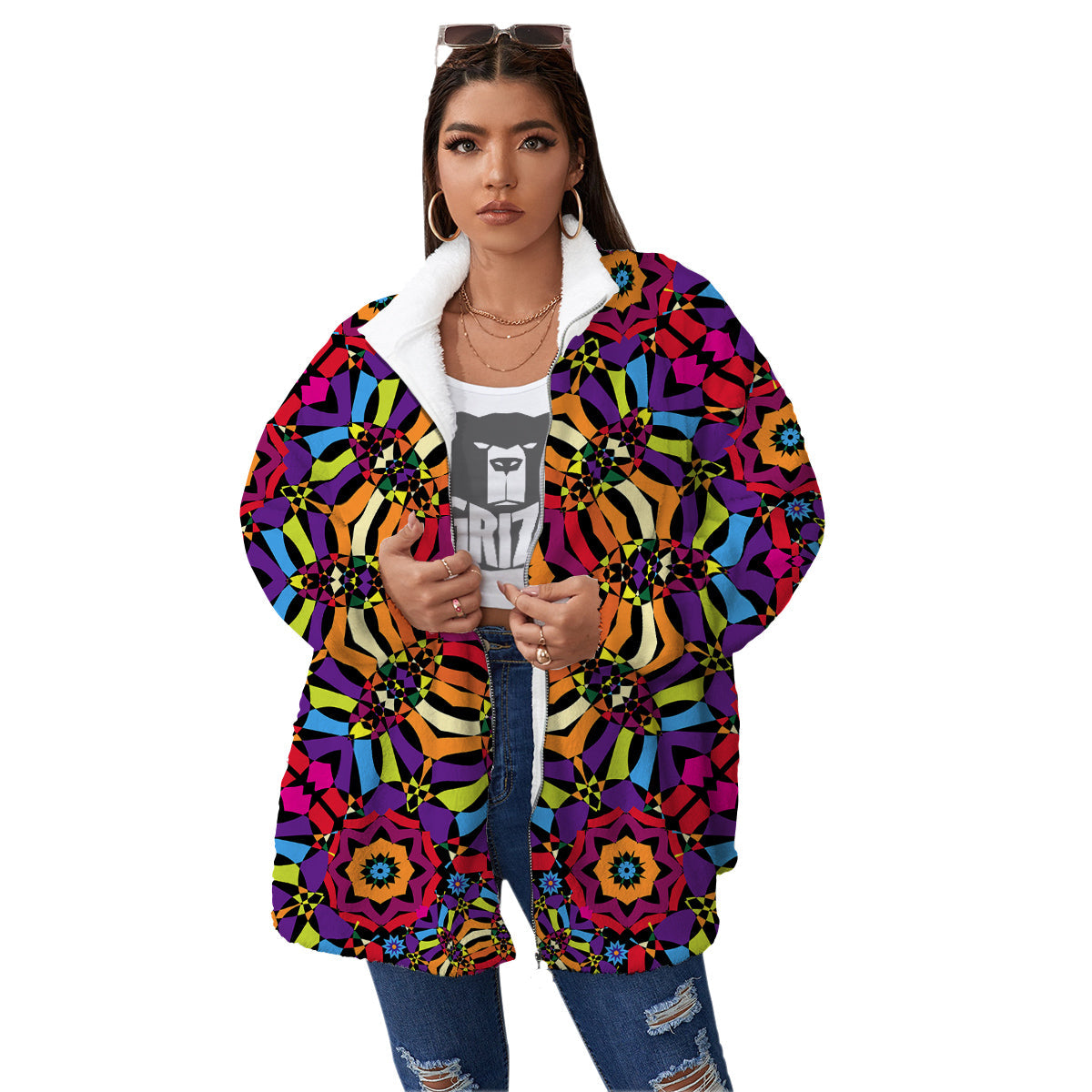 Kaleidoscope Psychedelic Colorful Print Women's Sherpa Jacket-grizzshop
