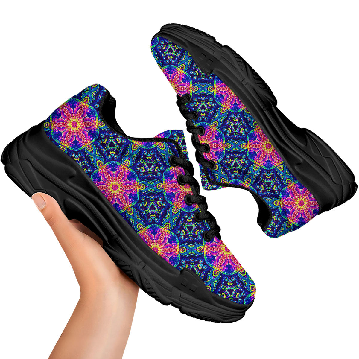 Kaleidoscope Psychedelic Print Pattern Black Chunky Shoes-grizzshop