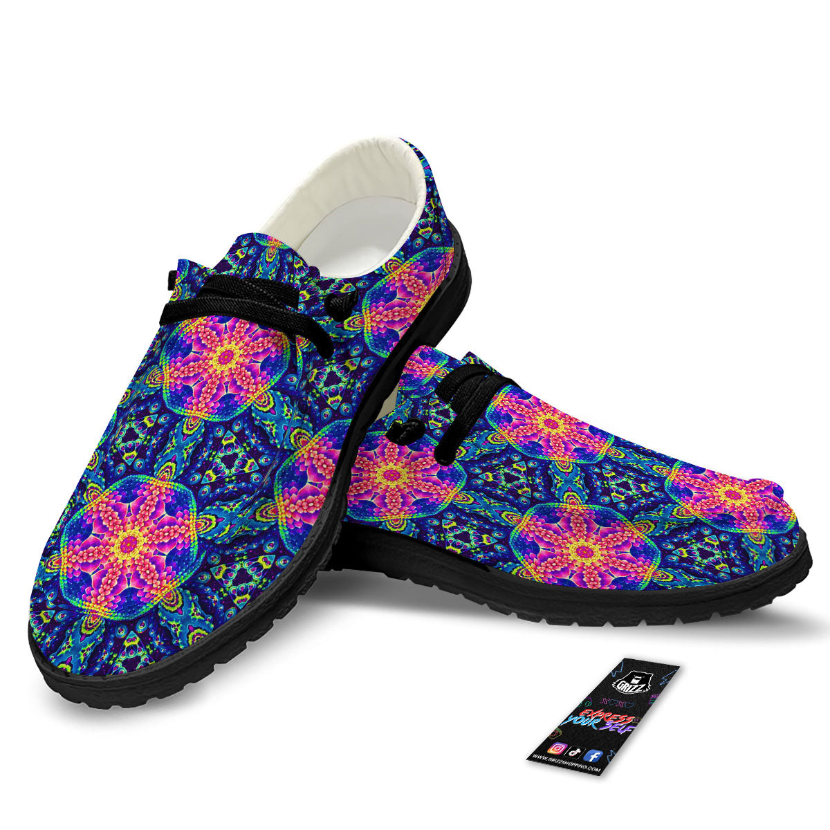 Kaleidoscope Psychedelic Print Pattern Black Loafers-grizzshop