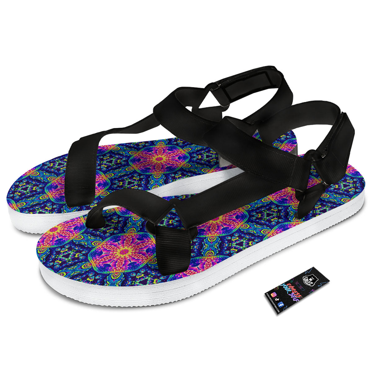 Kaleidoscope Psychedelic Print Pattern Black Open Toe Sandals-grizzshop