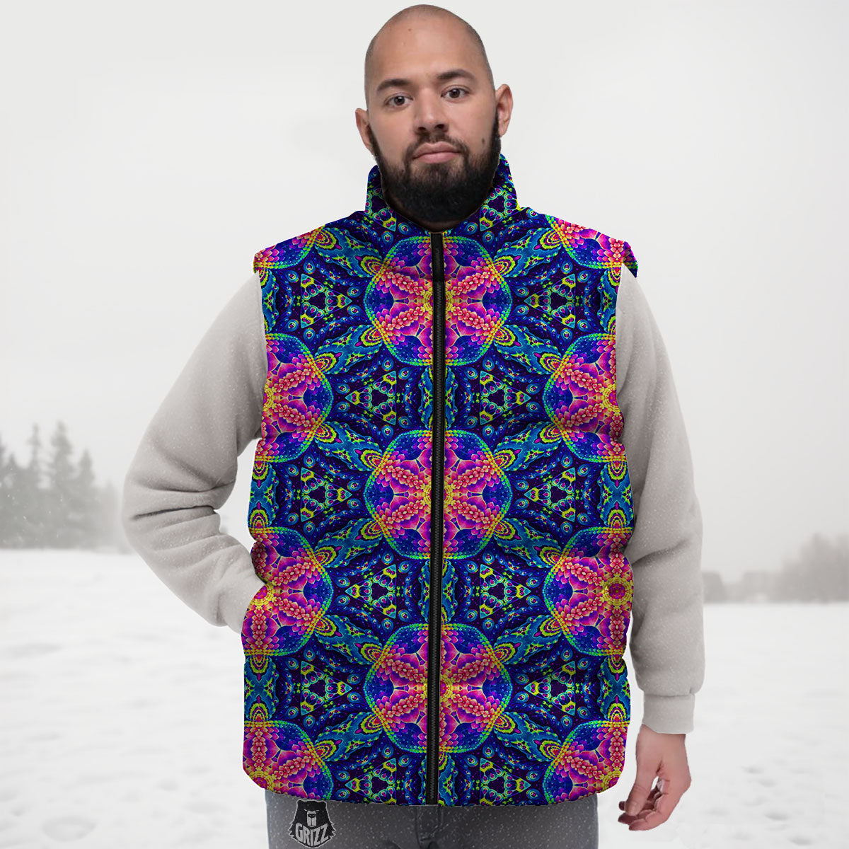 Kaleidoscope Psychedelic Print Pattern Down Vest-grizzshop