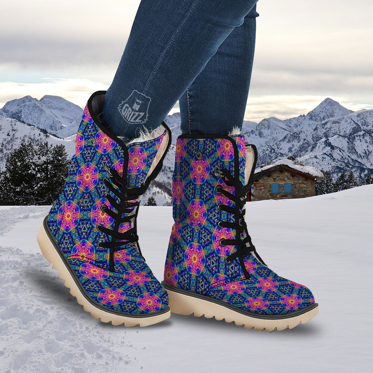 Kaleidoscope Psychedelic Print Pattern Snow Boots-grizzshop
