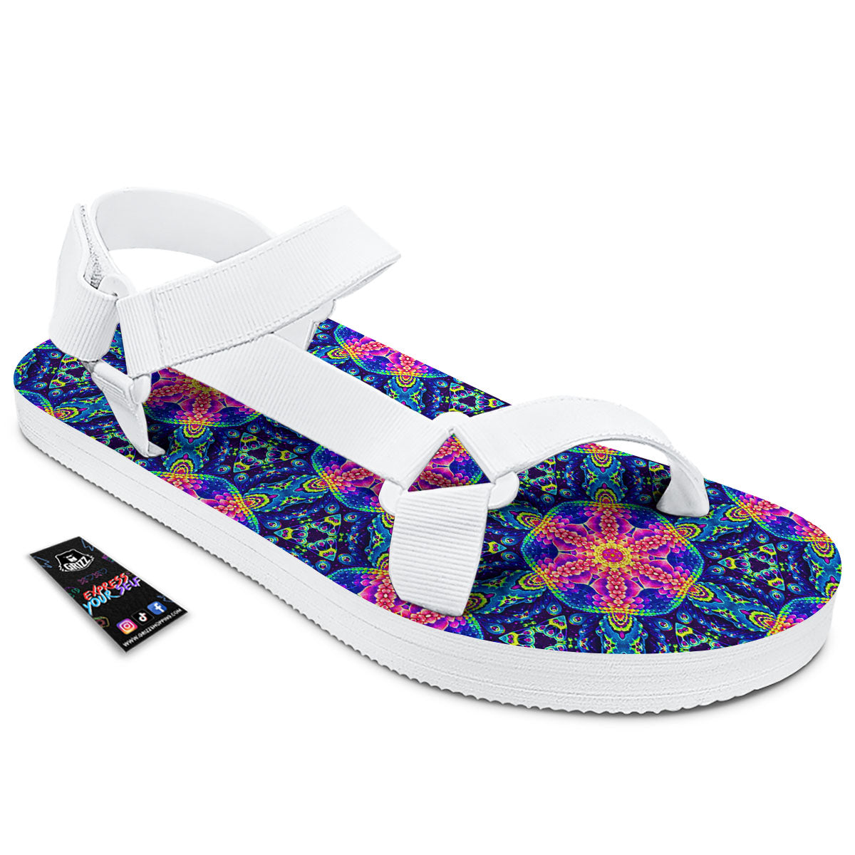 Kaleidoscope Psychedelic Print Pattern White Open Toe Sandals-grizzshop