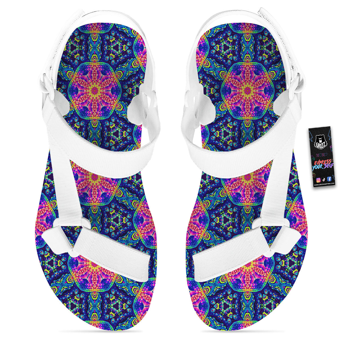 Kaleidoscope Psychedelic Print Pattern White Open Toe Sandals-grizzshop