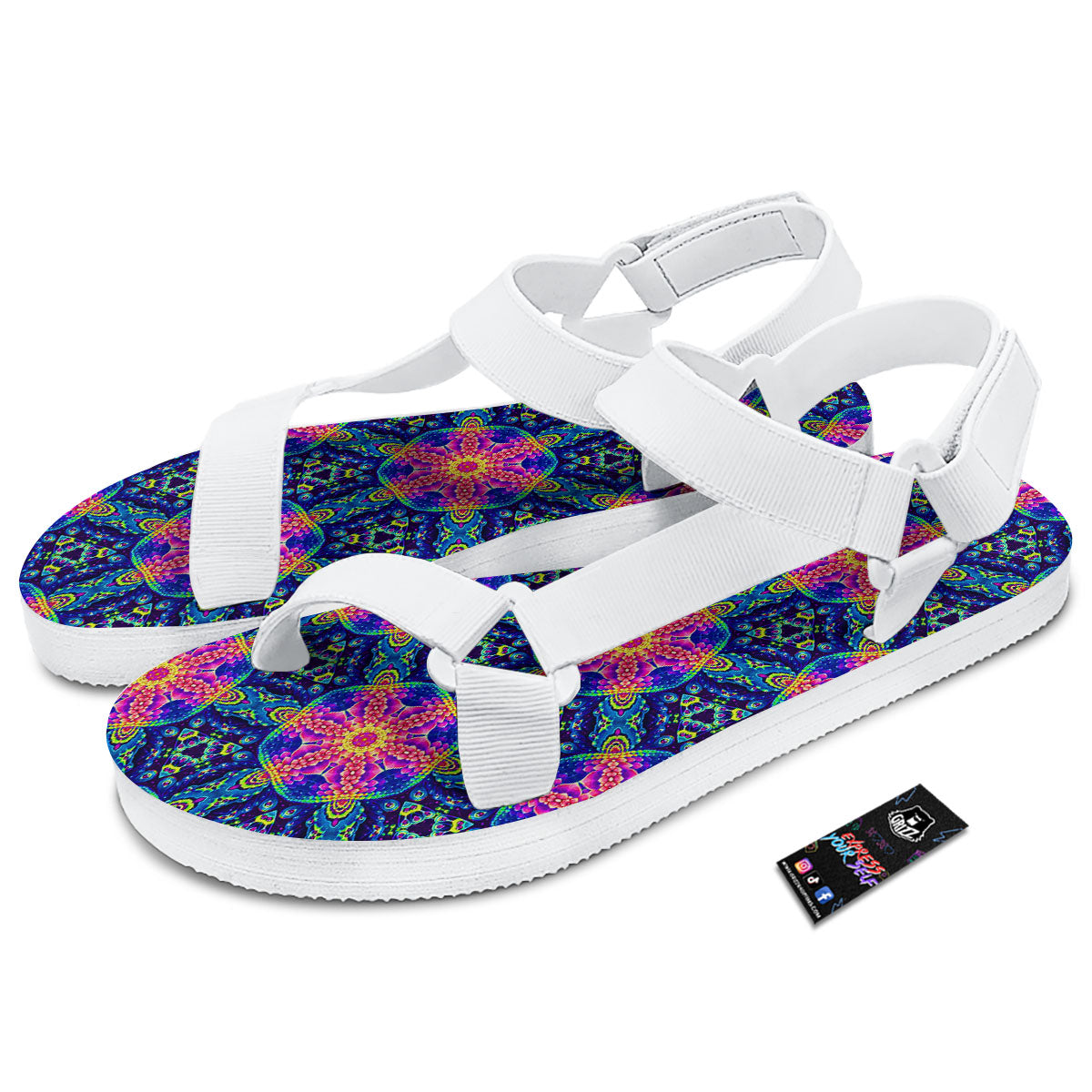 Kaleidoscope Psychedelic Print Pattern White Open Toe Sandals-grizzshop