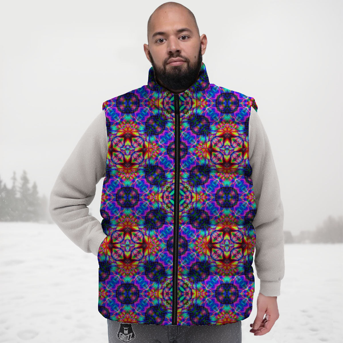 Kaleidoscope Rainbow Print Pattern Down Vest-grizzshop