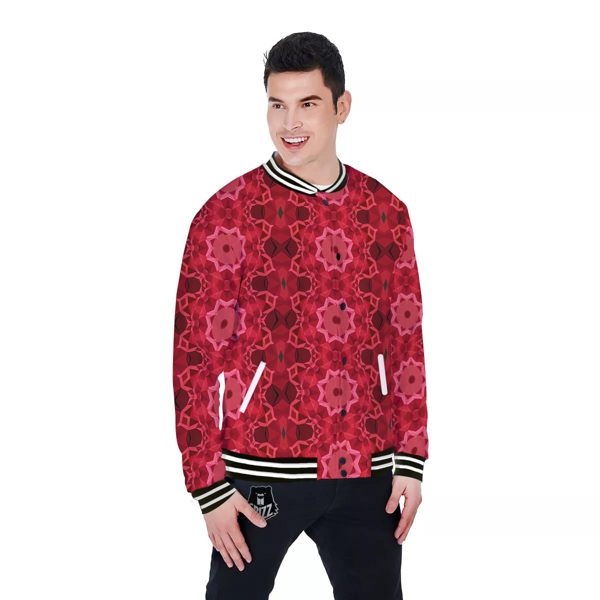 Kaleidoscope Red Print Pattern Baseball Jacket-grizzshop
