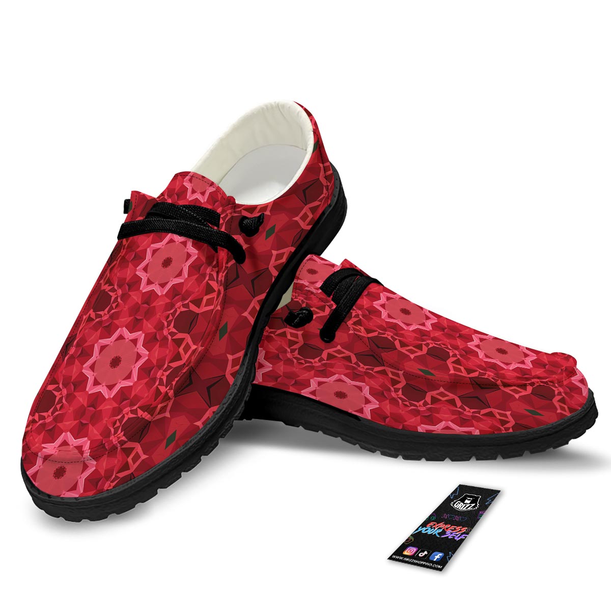 Kaleidoscope Red Print Pattern Black Loafers-grizzshop