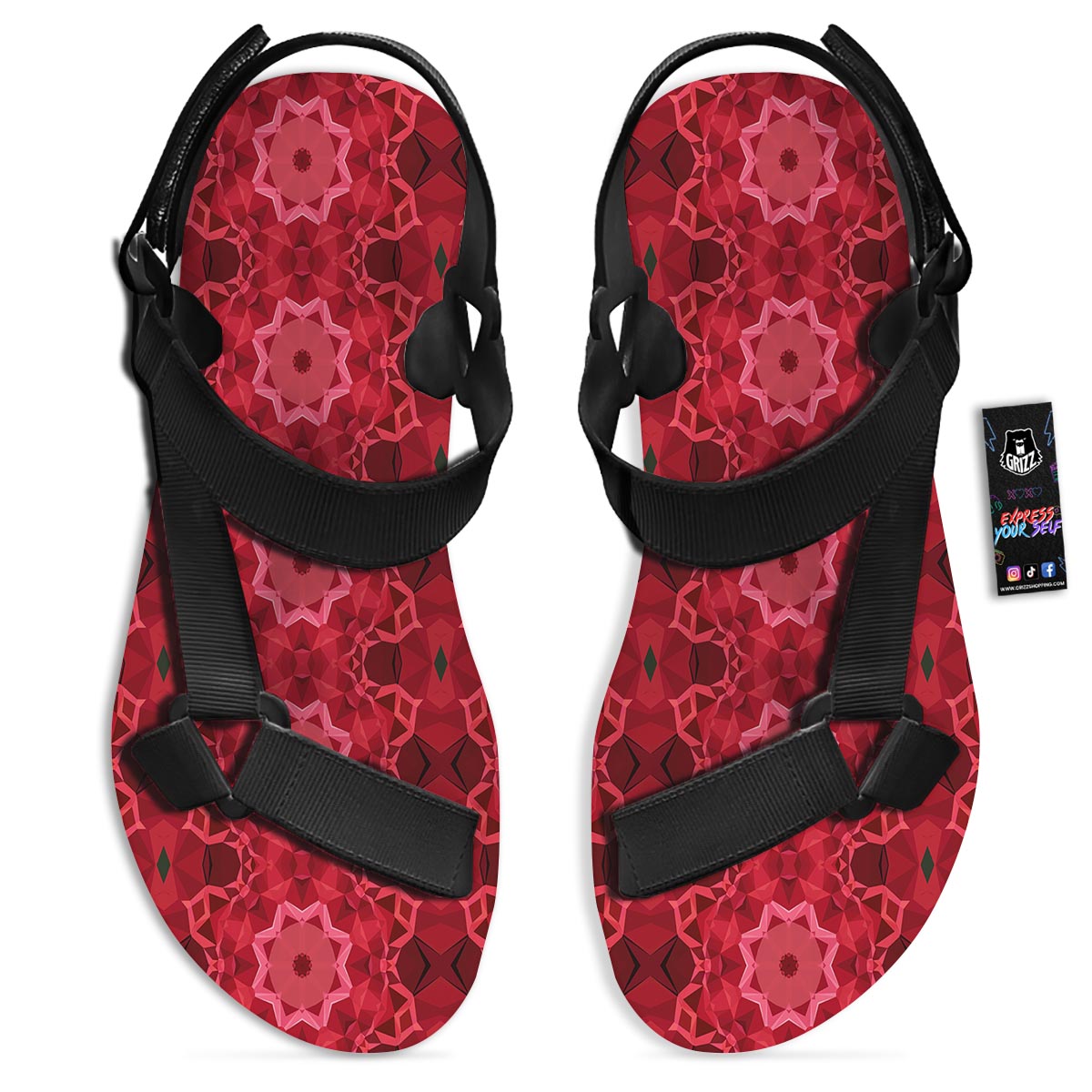 Kaleidoscope Red Print Pattern Black Open Toe Sandals-grizzshop