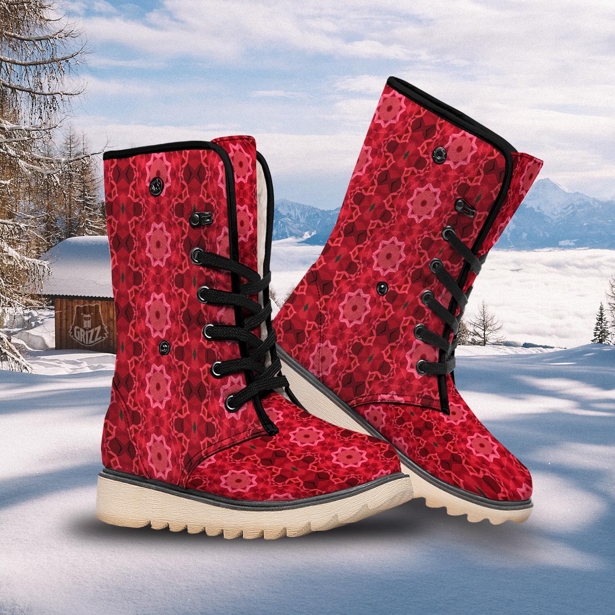Kaleidoscope Red Print Pattern Snow Boots-grizzshop
