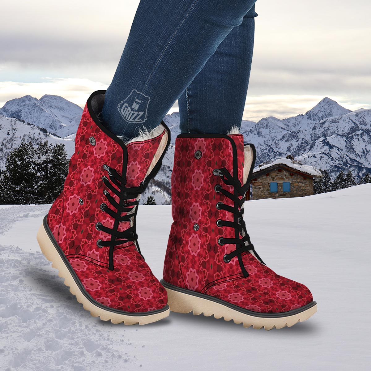 Kaleidoscope Red Print Pattern Snow Boots-grizzshop