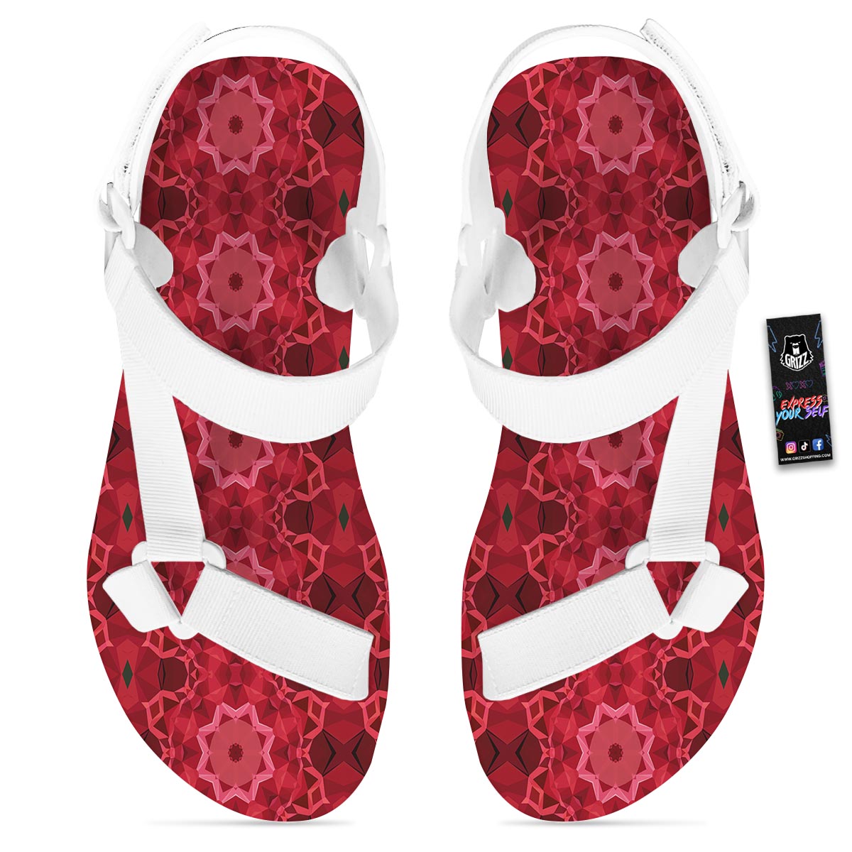 Kaleidoscope Red Print Pattern White Open Toe Sandals-grizzshop