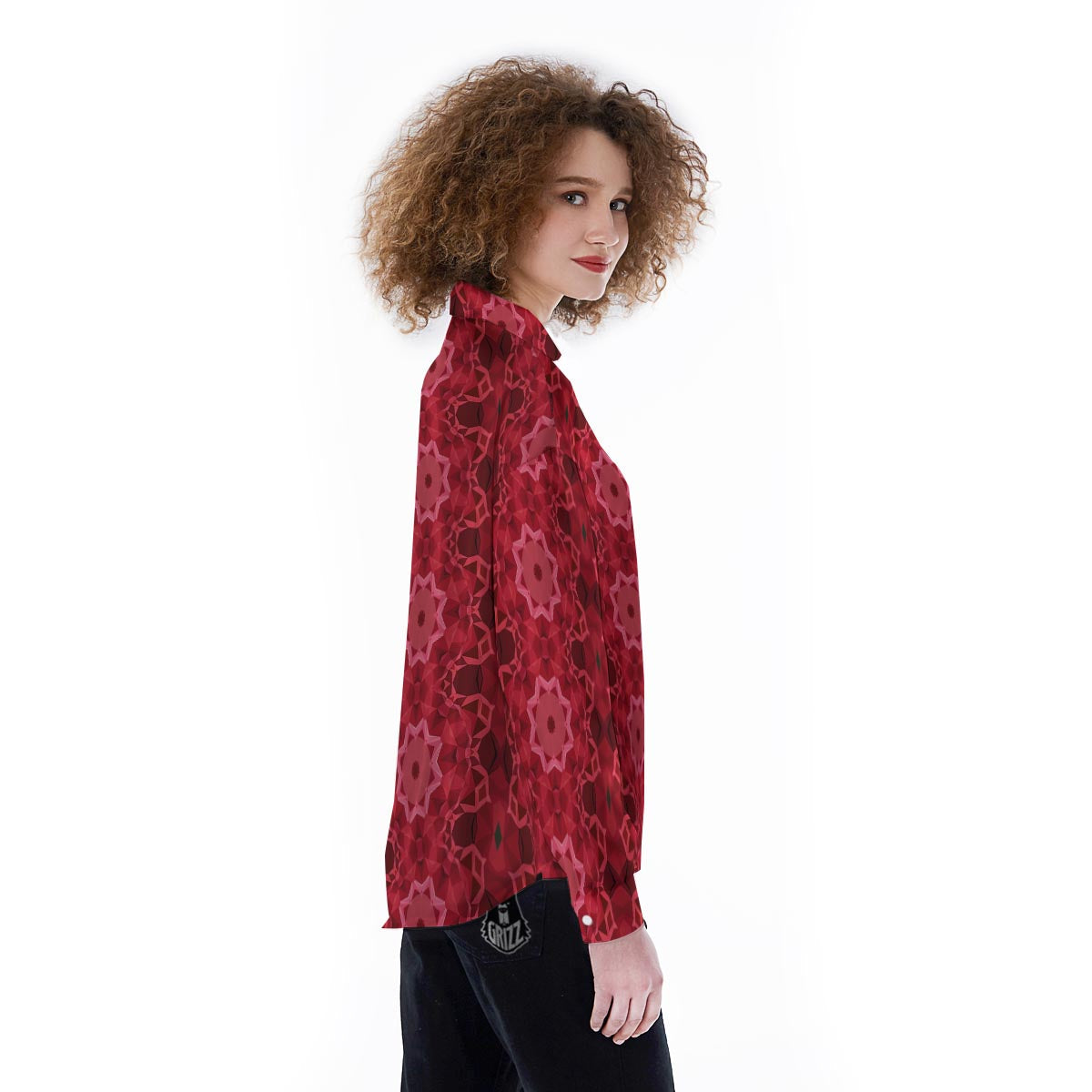 Kaleidoscope Red Print Pattern Women's Long Sleeve Shirts-grizzshop