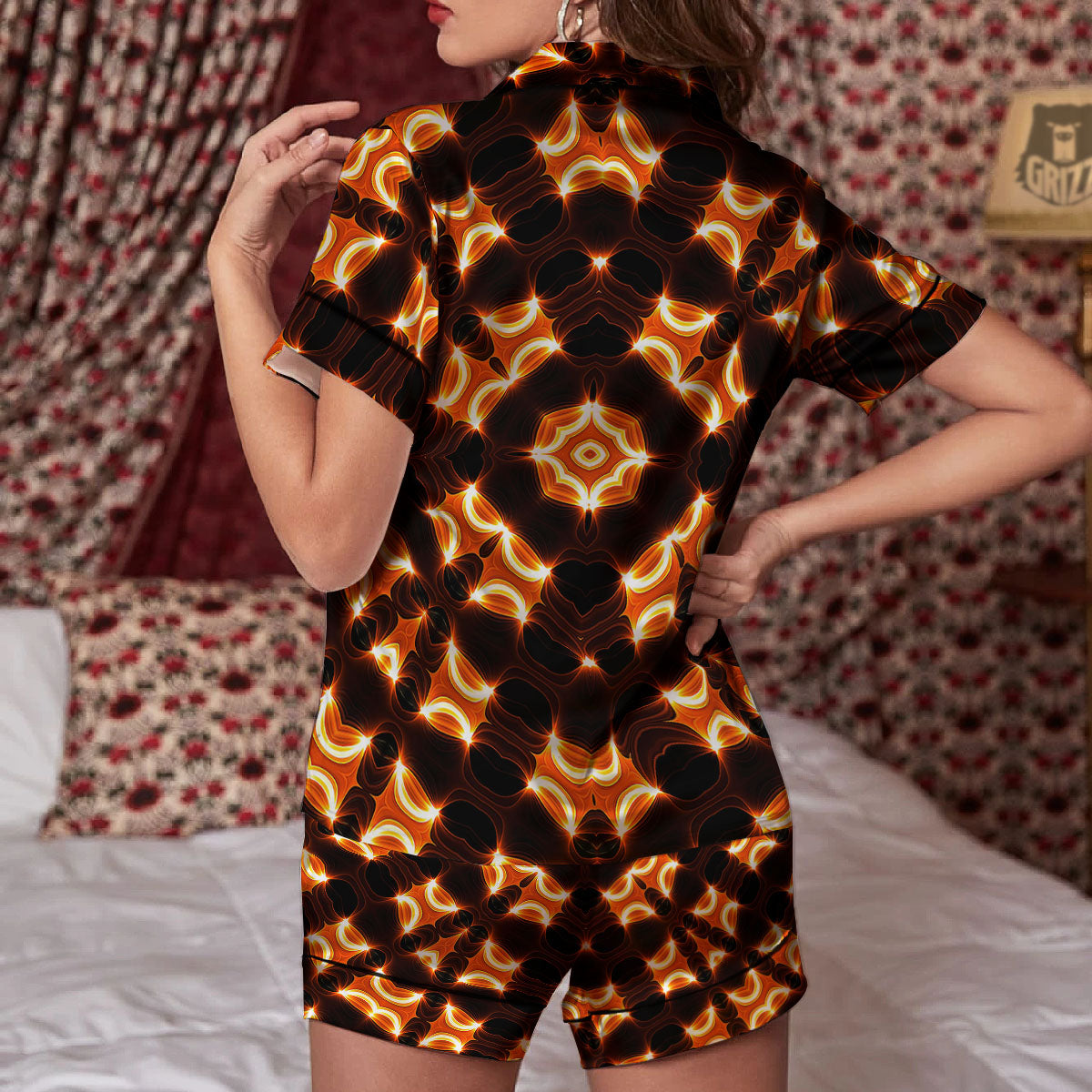 Kaleidoscope Spot Yellow Print Women Silk Pajamas-grizzshop