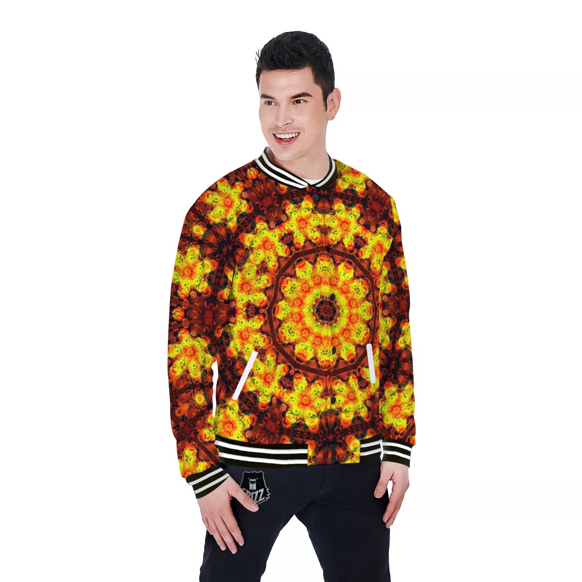 Kaleidoscope Sun Fire Print Baseball Jacket-grizzshop