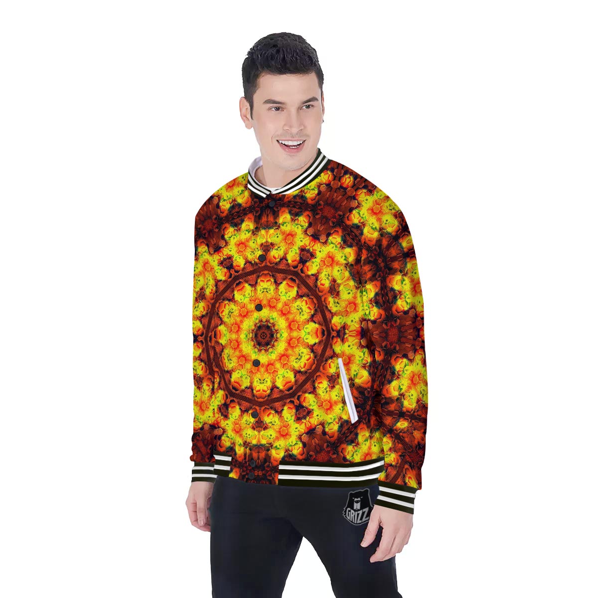 Kaleidoscope Sun Fire Print Baseball Jacket-grizzshop