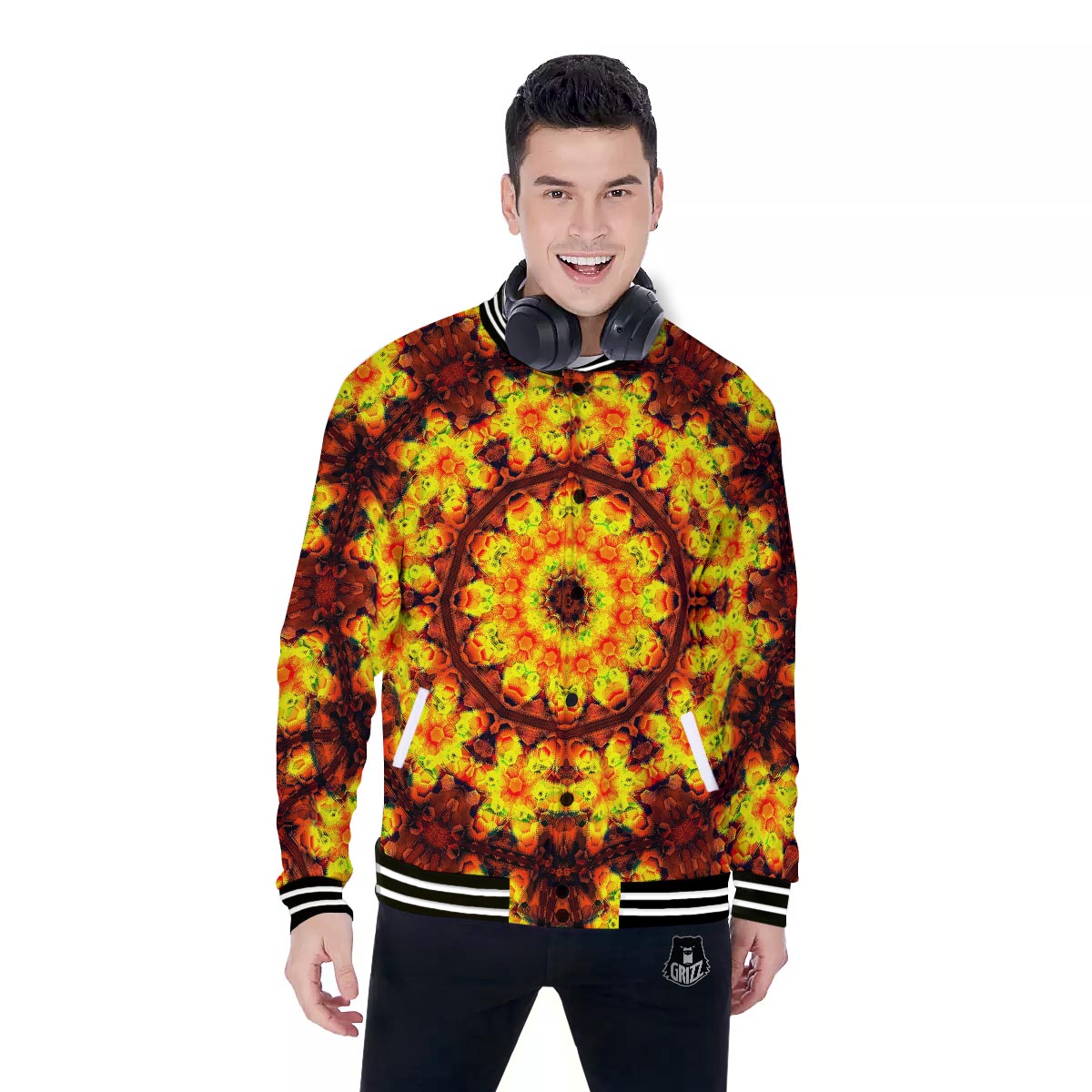 Kaleidoscope Sun Fire Print Baseball Jacket-grizzshop