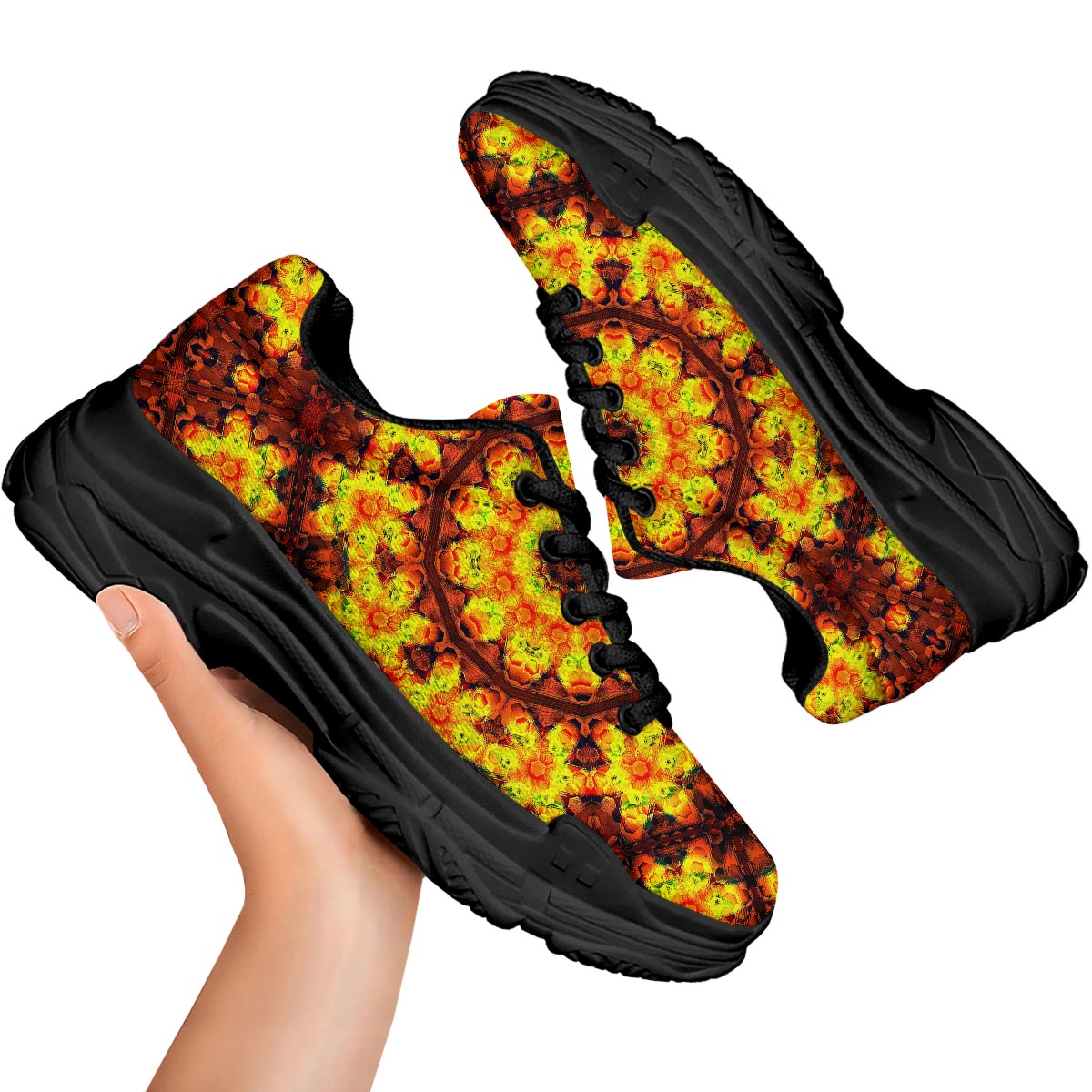 Kaleidoscope Sun Fire Print Black Chunky Shoes-grizzshop