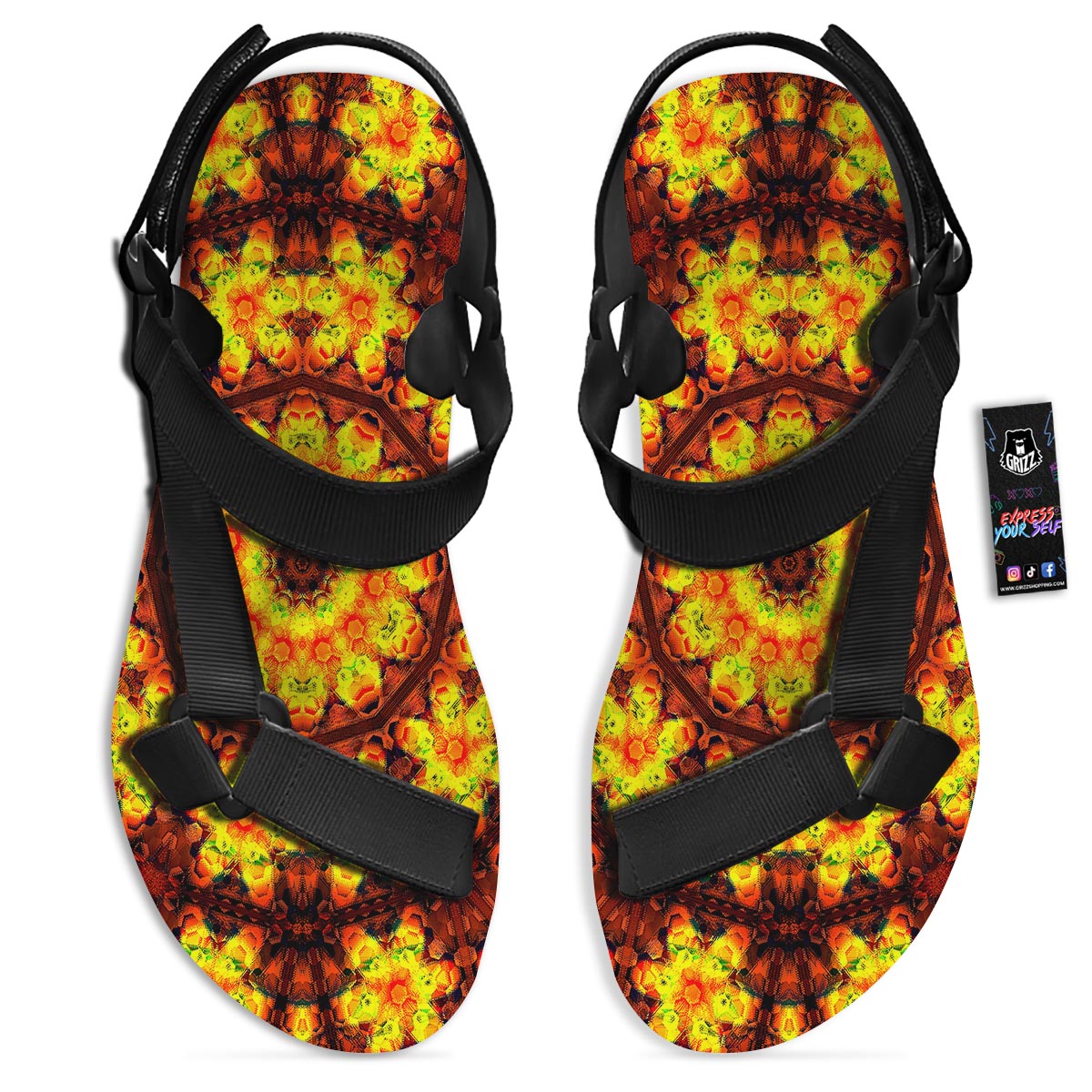 Kaleidoscope Sun Fire Print Black Open Toe Sandals-grizzshop